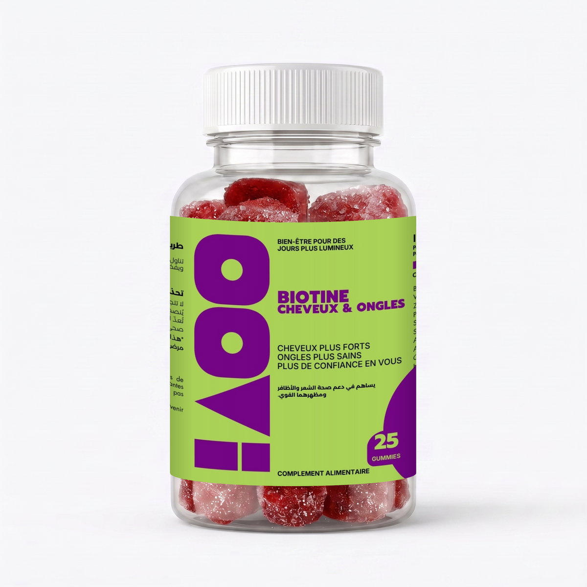 OOVI Biotine Cheveux & Ongles – flacon de 25 gummies, vue de face